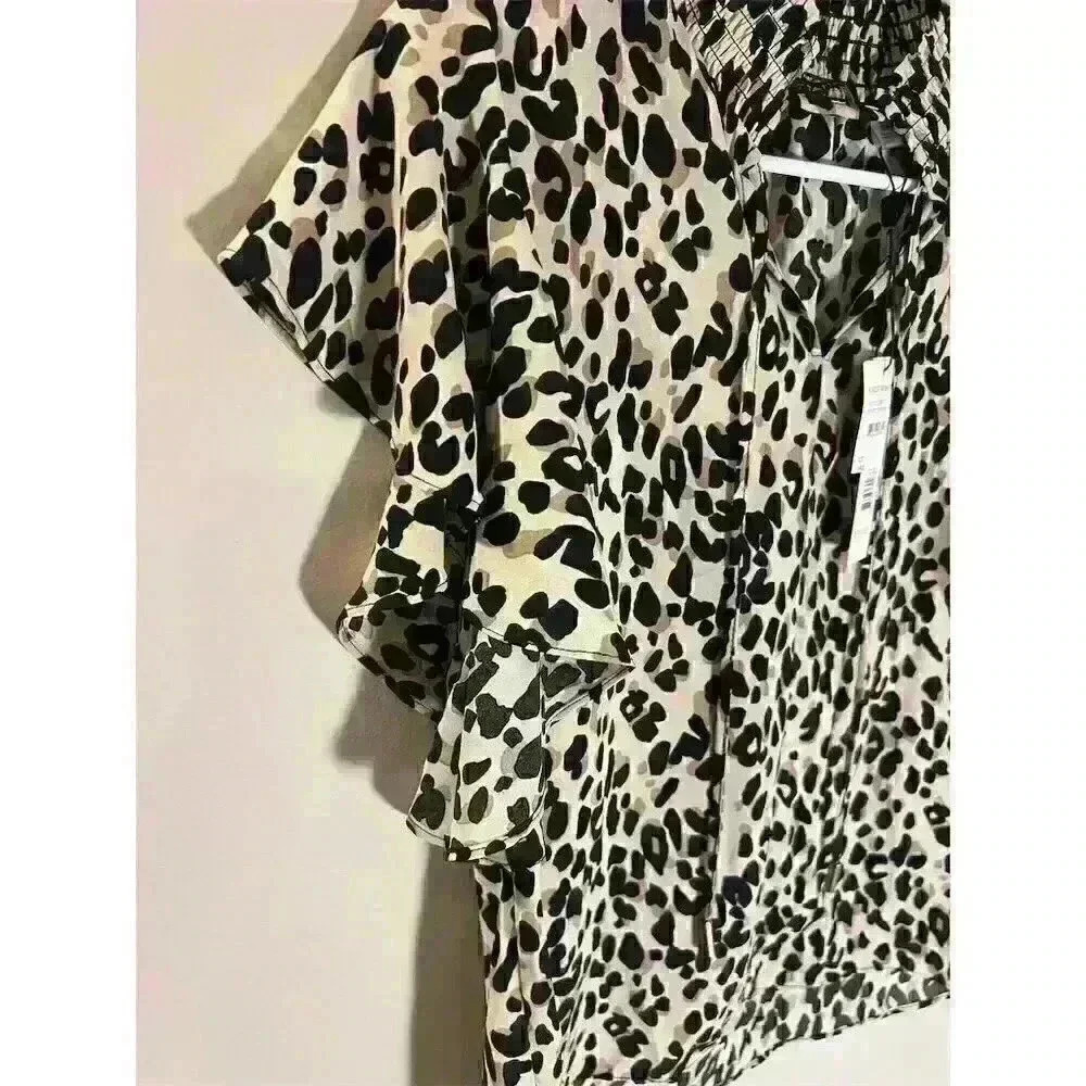 T Tahari Women's Desert Cheetah Print Blouse XS Short Sleeve Ruffled Neck Casual - Picture 2 of 12